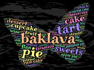 Naklejka na ściany i meble Baklava. Word cloud, butterfly, grunge background. Food concept.