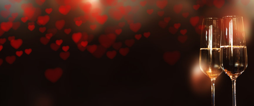 Panorama with heart and champagne for Valentines Day