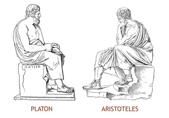 Statues of Platon and Aristoteles, vintage engraving