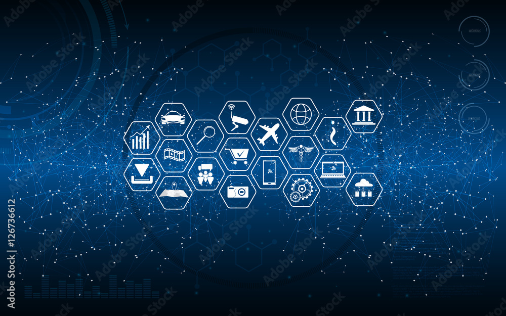 Poster abstract vector background connection networking polygonal design with internet of things icon set