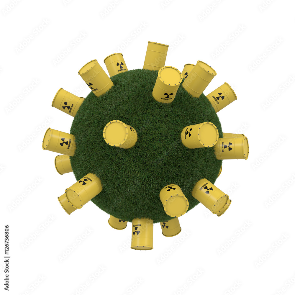 Poster 3D rendering of yellows barrels containing radioactive material on grass sphere
 - Posters