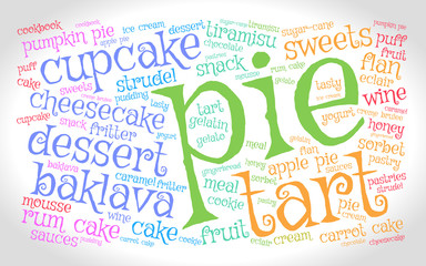 Pie. Word cloud, gradient gray background. Food concept.
