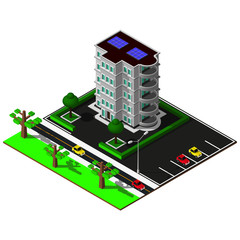 Isometric city map. 3d building with solar panel and parking zone. Isometric elements.