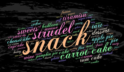 Snack. Word cloud, grunge background. Food concept.
