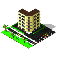 Isometric elements. 3d building with parking illustration. Isometric city map.