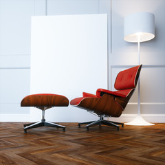Red lounge chair in new white interior with wooden parquet floor