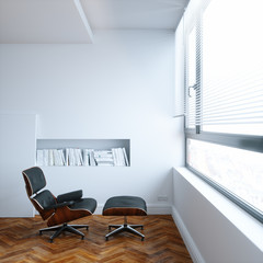 Lounge chair in new white interior minimalism design 3d render