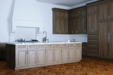 Classic wooden kitchen aid and white interior with wood parquet 