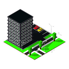 3d city map. Modern isometric house includes parking, roads, crossroad, trees, cars and street lamps. Isometric elements.