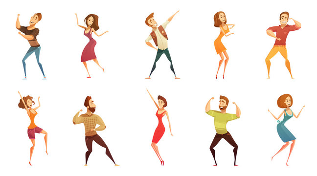 Dancing People Funny Cartoon Icons Set 