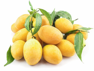 Ma prang, mayongchid, plum mango, marian mango or bouea macrophylla with its leaves, selective...