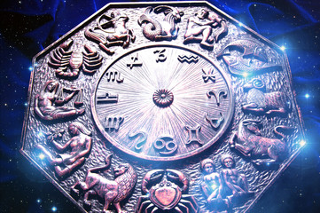 Magic zodiac with astrology signs and blue stars 