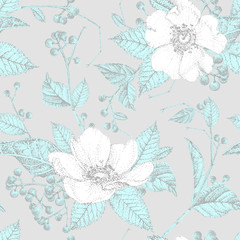 Seamless pattern with white flowers. Vector illustration. Composition with floral elements. Pointillism style.