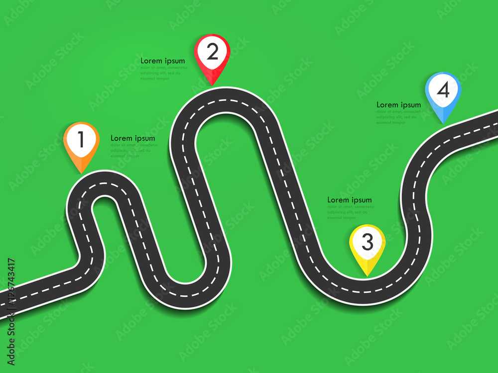 Poster road way location infographic template with pin pointer. winding road on a colorful background. styl
