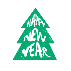 Fototapeta premium Green silhouette of tree with lettering text Happy New Year on white background. Vector illustration.