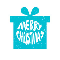 Blue silhouette of New Year's gift with lettering text Merry Christmas on white background. Vector illustration.
