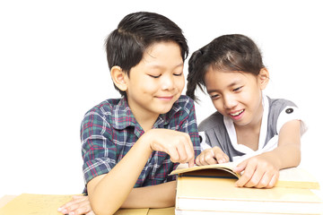 Fototapeta na wymiar Kid are happily reading book together isolated over white background
