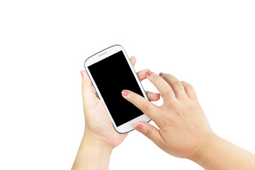 Hand holding big touchscreen smart phone isolated on white background with clipping path for the screen