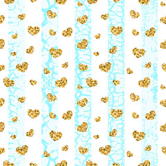 Gold grunge hearts craquelure stripes seamless pattern. Golden glitter confetti. White and blue background. Love Valentine day, wedding design card, wallpaper, wrapping, textile Vector Illustration