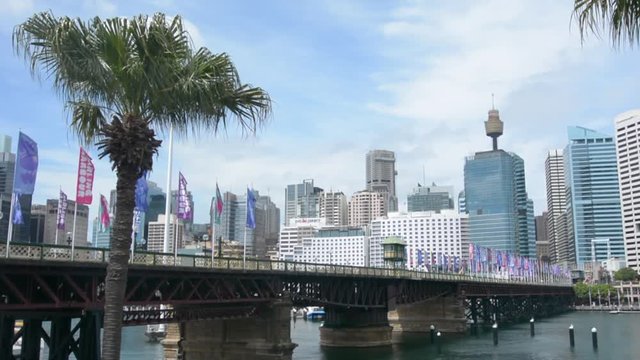 Cityscape of Pyrmont Bridge and Darling Harbour skyline, a recreational and pedestrian precinct situated on western outskirts of the Sydney central business district in New South Wales, Australia.