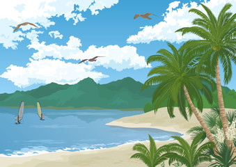 Fototapeta na wymiar Tropical Sea Landscape, Summer Beach with Green Palm Trees and Exotic Yucca Flowers, Sportsman Surfers, Mountains, Birds Gulls in the Blue Sky with White Clouds. Eps10, Contains Transparencies. Vector