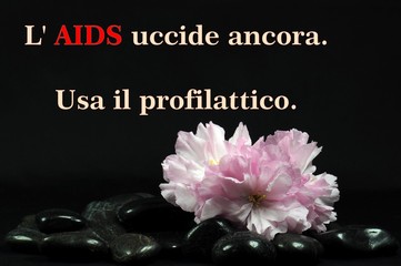 Informazione circa l'uso del profilattico nella prevenzione della diffusione dell' AIDS. Sfondo nero con fiori rosa di ciliegio giapponese e sassi di fiume levigati.