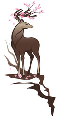spring season wildlife - deer standing on a cliff among pink flowers