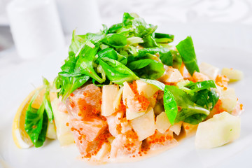 Salad with seafood and spinach on white plate