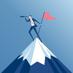 businessman climbed to the top of the mountain with a flag and looking into the spyglass, employee is on a mountain top and holding a flag, business concept of success and search opportunities - obrazy, fototapety, plakaty