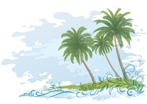 Exotic Landscape, Green Tropical Palms Trees and Floral Pattern on Blue and White Background. Eps10, Contains Transparencies. Vector