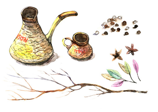 coffee, Cezve, cup of coffee, coffee beans, branches, leaves, watercolor