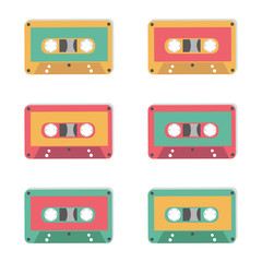 Audio tapes of different colours. Technology 80s. Vector illustration.