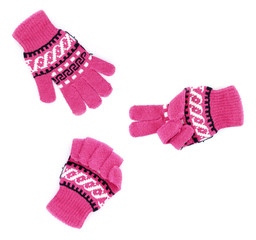 close up pink winter gloves gesturing sign as rock paper scissors game (hammer, paper, scissors)  isolated on white background, fighting with body language, cyclic games of decision