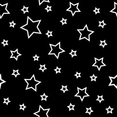Star seamless pattern. Black and white retro background. Chaotic elements. Abstract geometric shape texture. Effect of sky. Design template for wallpaper, wrapping, fabric, textile Vector Illustration