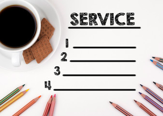 Service Blank List. White desk with a pencil and a cup of coffee