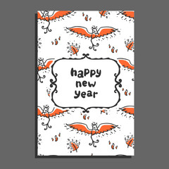 Happy new year greeting card with phoenix and flames. Cute cartoon vector childish pattern on white background