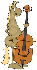 Illustration of a blonde horse playing a double bass violin with a bow.