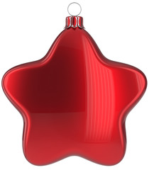 Christmas star hanging decoration red New Year's Eve bauble ornate Merry Xmas ball. Happy wintertime adornment greeting card design element traditional festive decor ornament blank. 3d illustration