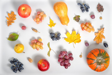 flat lay of Thanksgiving holiday background with apple, pear, gr