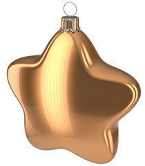 Christmas ball star shaped golden hanging decoration adornment New Years Eve bauble. Happy Merry Xmas greeting card design element traditional wintertime holidays decor ornament blank. 3d illustration