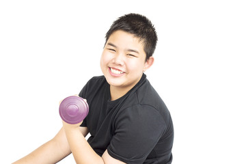 14 years old Asian boy is lifting dumbbell isolated over white