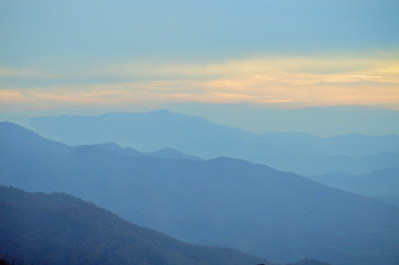 Sunset over the smoke covered Blue Ridge Parkway