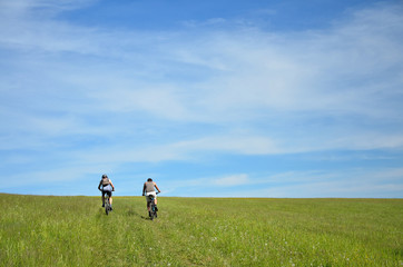 Two bikers silhouette on the trip in nature with evergreen trees and meadow. Bikers are moving on...