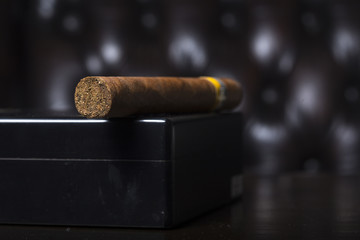 Cigar on its box with brown leather in background
