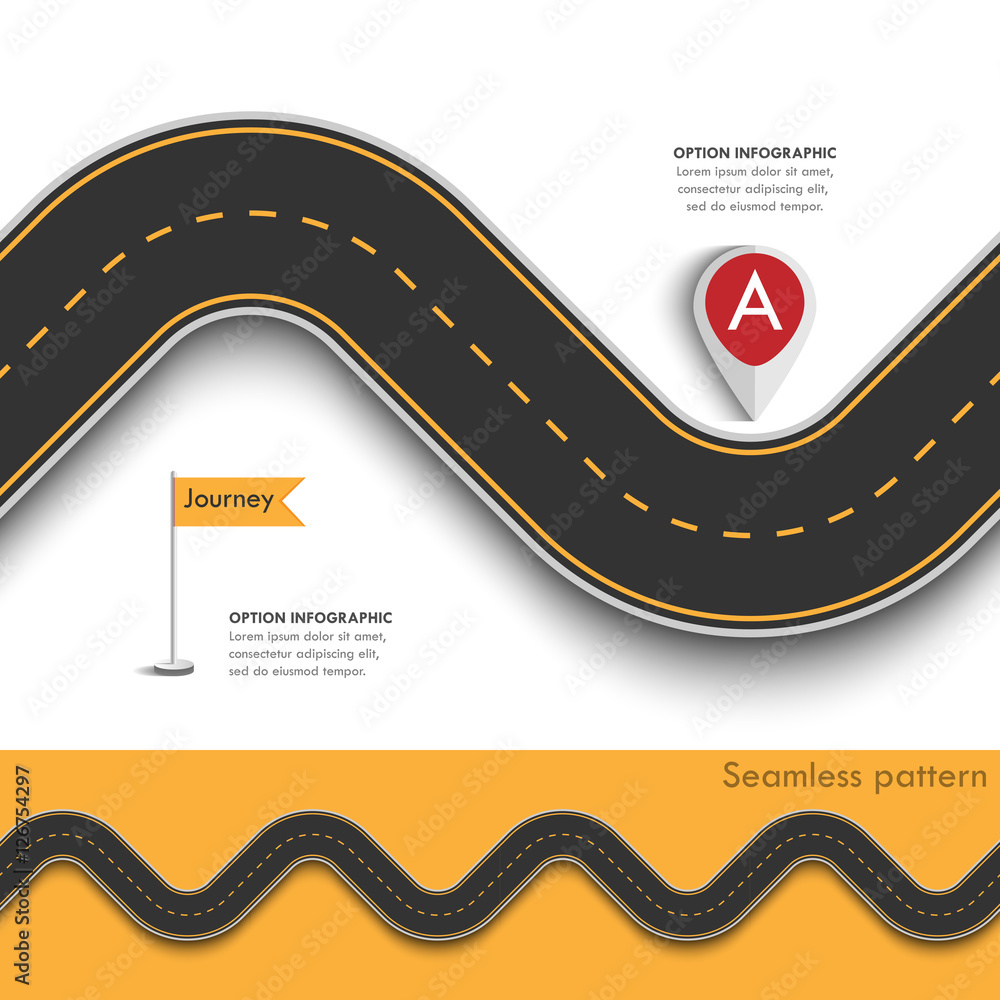 Poster road trip and journey route with pin pointer. business and journey infographic design template with 