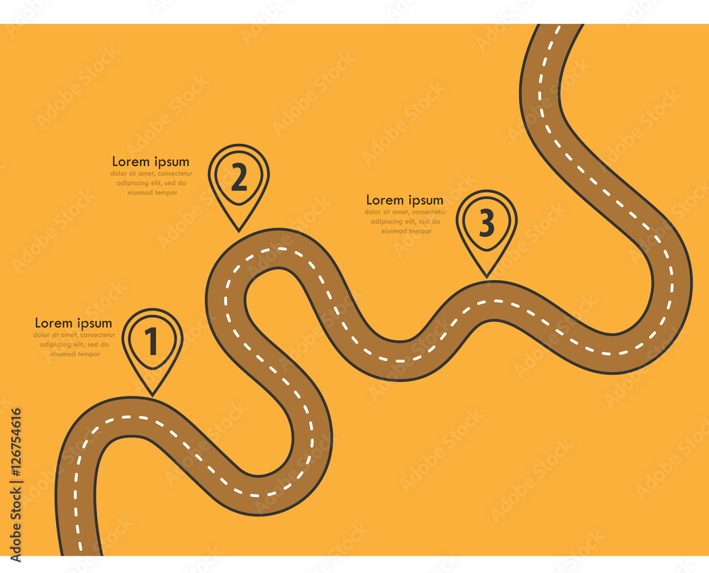 Poster road trip and journey route. business and journey infographic design template with flags and place f