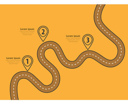 Road trip and Journey route. Business and Journey Infographic Design Template with flags and place for your data. Winding road on a colorful background. Stylish streamers. Vector EPS 10