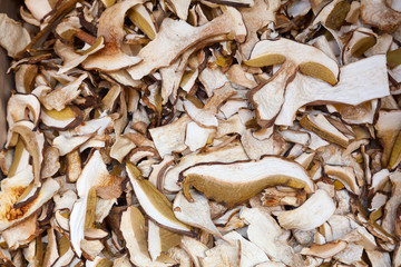 Dried boletus mushrooms on a stall at farmers market