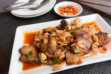 Spicy pork salad with vegetables , Asian style food , Thailand