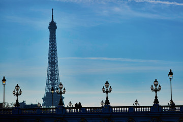 Fototapeta na wymiar Scenic cityscape of Paris with silhouettes of people and Eiffel tower